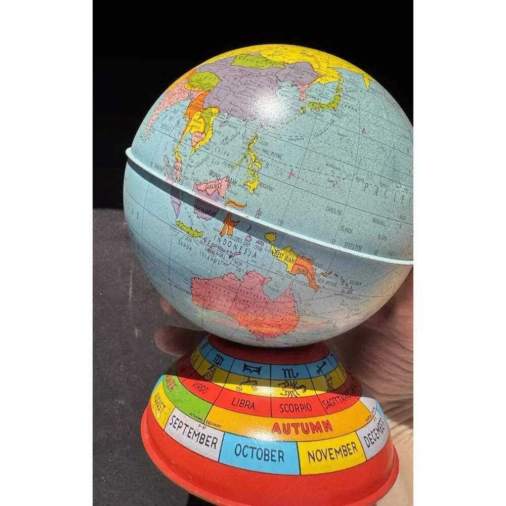 Vintage Metal Globe Coin Bank By Ohio Art Co with Months Seasons Zodiac Signs